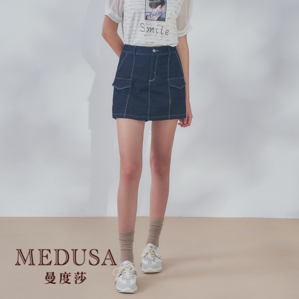 現貨【MEDUSA 曼度莎】I'Care 壓線牛仔短褲裙（L-XL）｜女短褲 女短裙 牛仔短褲 牛仔短裙