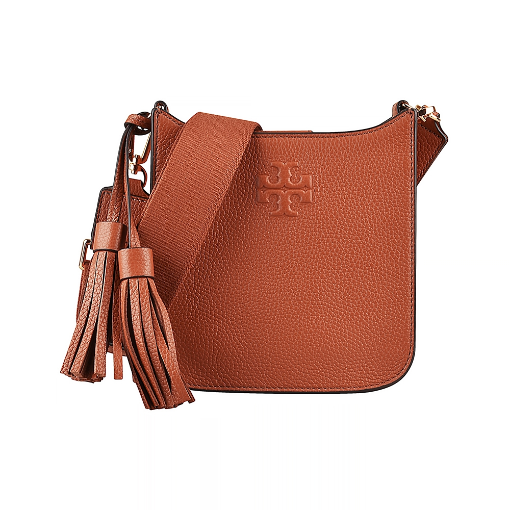 TORY BURCH THEA浮雕LOGO小牛皮流蘇磁扣式斜背包(迷你/棕)