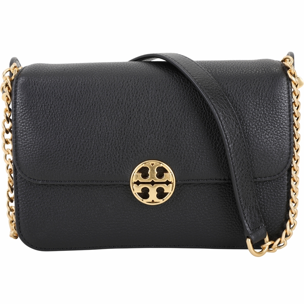 TORY BURCH Chelsea 黃銅雙T標誌牛皮鍊帶肩背包(黑色)