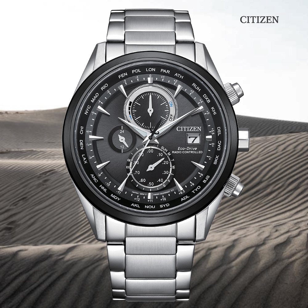 CITIZEN 星辰 GENTS 光動能電波對時 碼錶計時腕錶-黑面43mm AT8266-89E