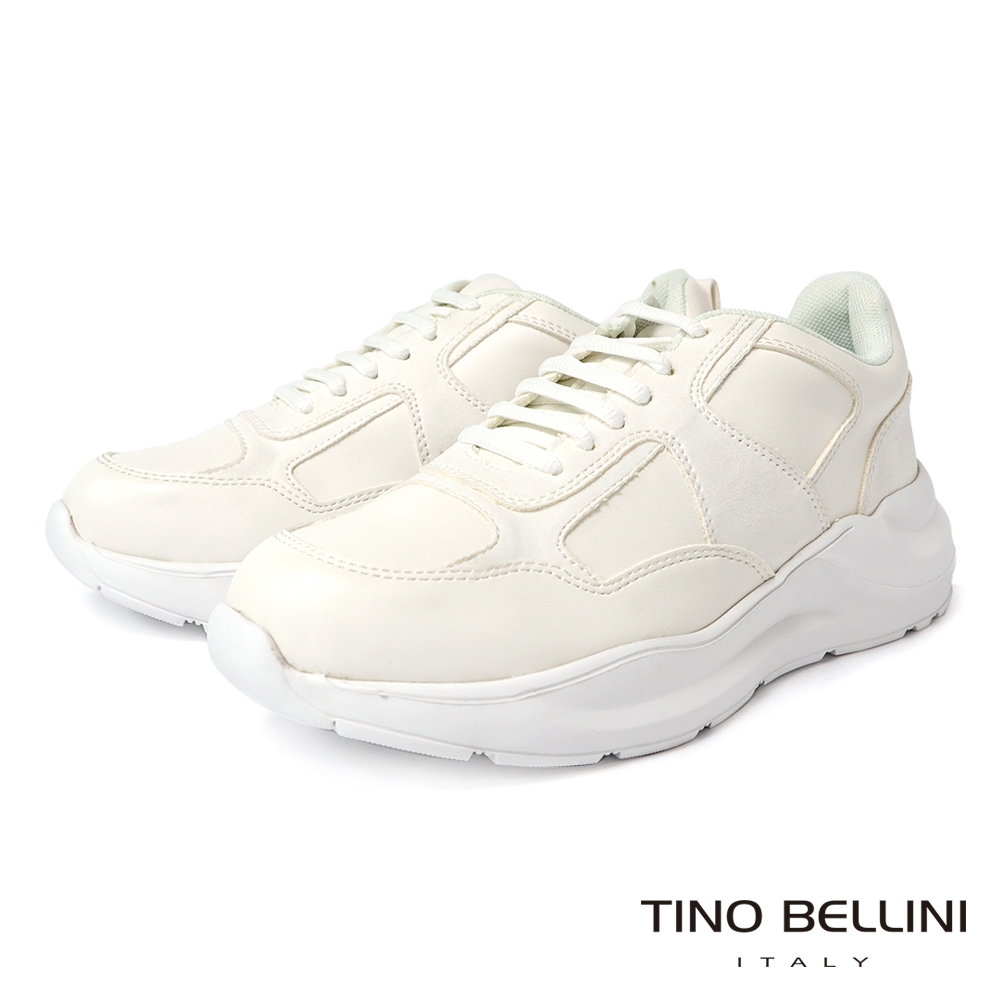 TINO BELLINI 男款 輕量綁帶厚底休閒運動鞋-白