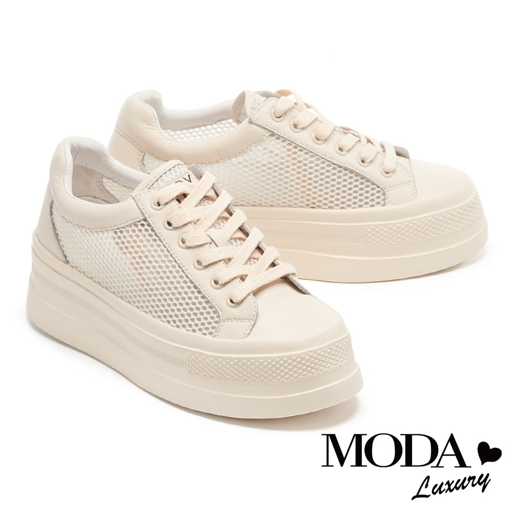 休閒鞋 MODA Luxury 率性網布拼接綁帶牛皮厚底休閒鞋－白