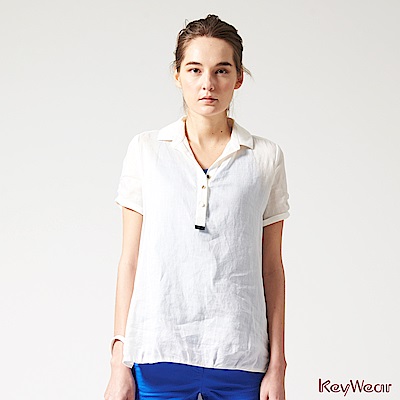 KeyWear奇威名品     100%苧麻優雅時尚短袖上衣-白色