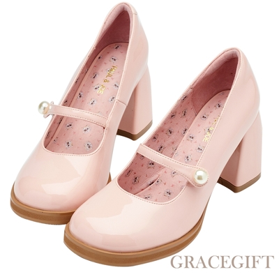 【Grace Gift】PAUL & JOE聯名-復古圓頭珍珠繫帶高跟瑪莉珍鞋 粉漆