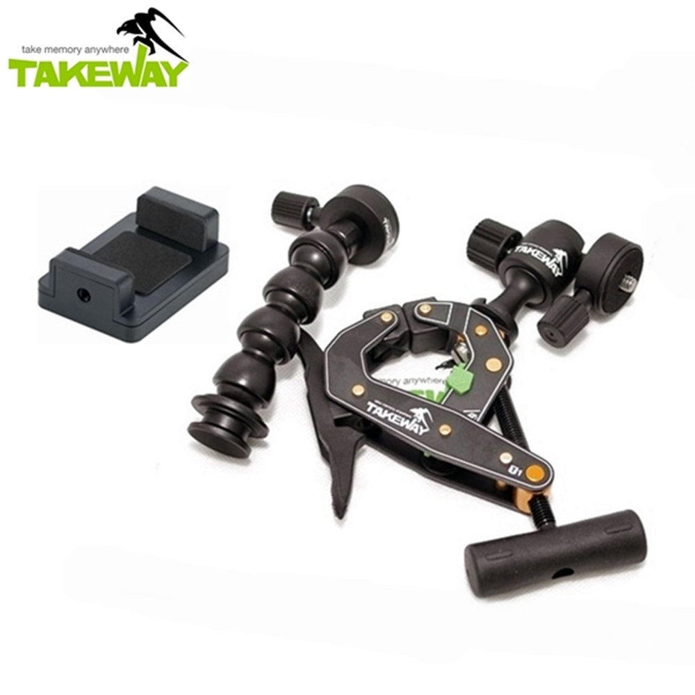 台灣製造TAKEWAY鉗式腳架T1+萬向蛇頸延長桿T-FN01組(含手機架)適背包客攝錄影拍照自拍神器