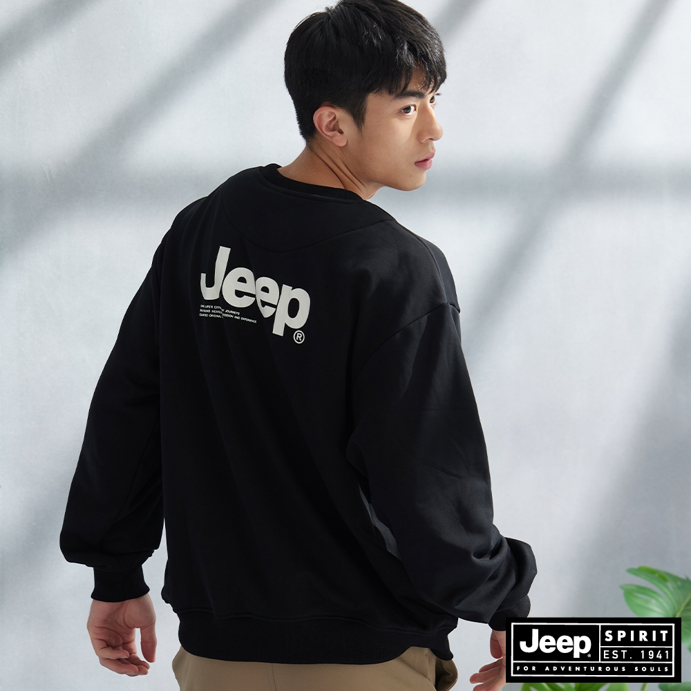 JEEP 男裝 簡約品牌LOGO刷毛長袖大學T-黑色