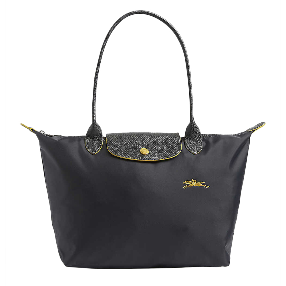 LONGCHAMP Le Pliage系列經典刺繡LOGO長提把手提/肩背包(小) 鐵灰色