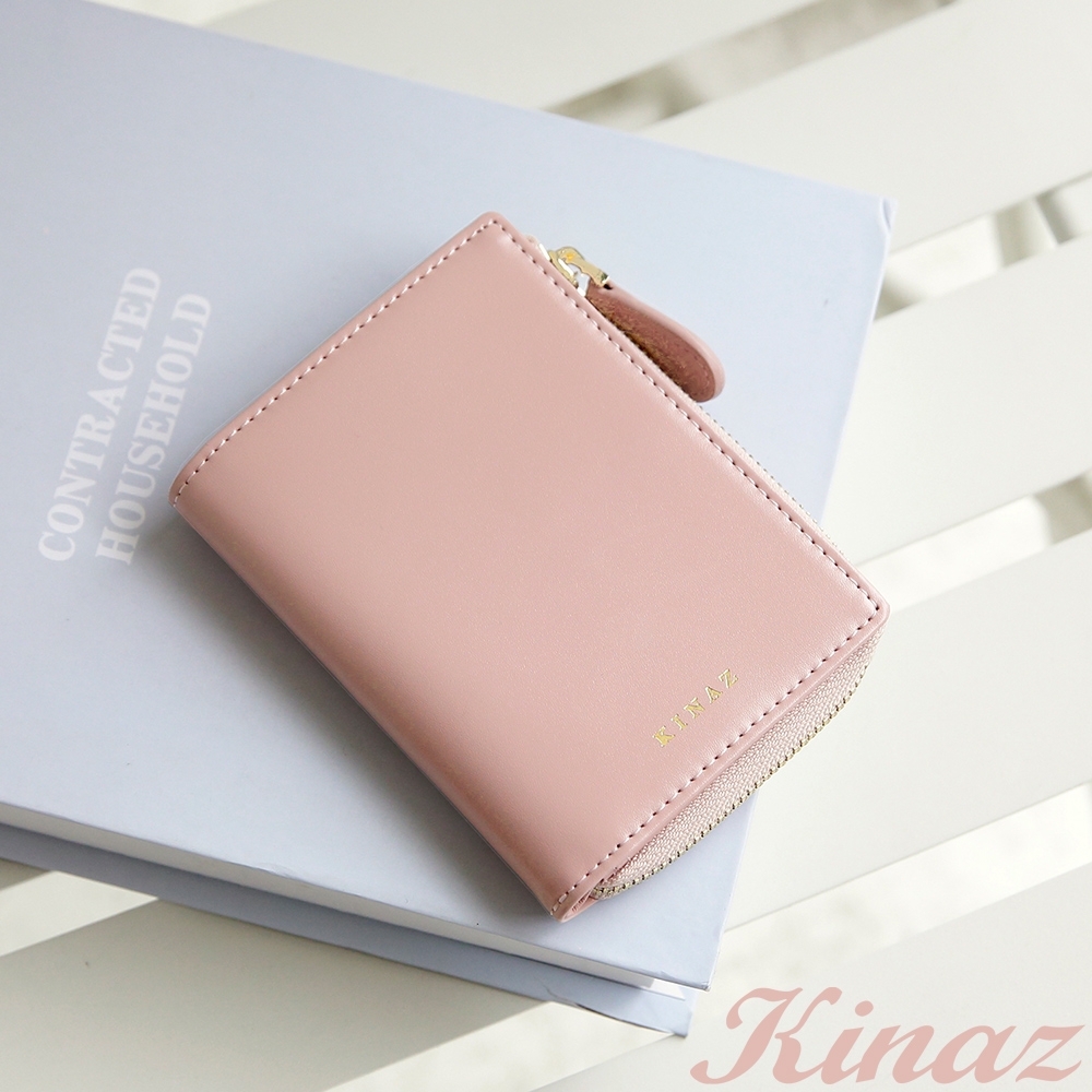 KINAZ 牛皮L型拉鍊零錢袋直式對折短夾-櫻花粉-馬賽克系列 product image 1