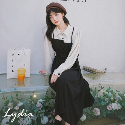 【Lydia】現貨 法式複古氣質顯瘦假兩件連身洋裝(黑 M.L.XL.2L)