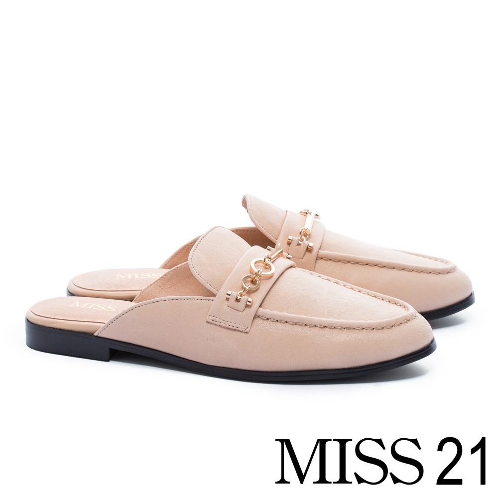 穆勒鞋 MISS 21 經典質感造型飾釦羊皮穆勒低跟拖鞋－米