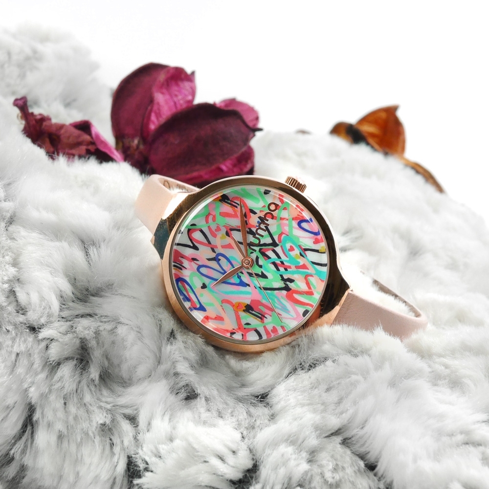 rumba time 紐約品牌 礦石強化玻璃 真皮手錶-彩色x玫瑰金框x粉/32mm