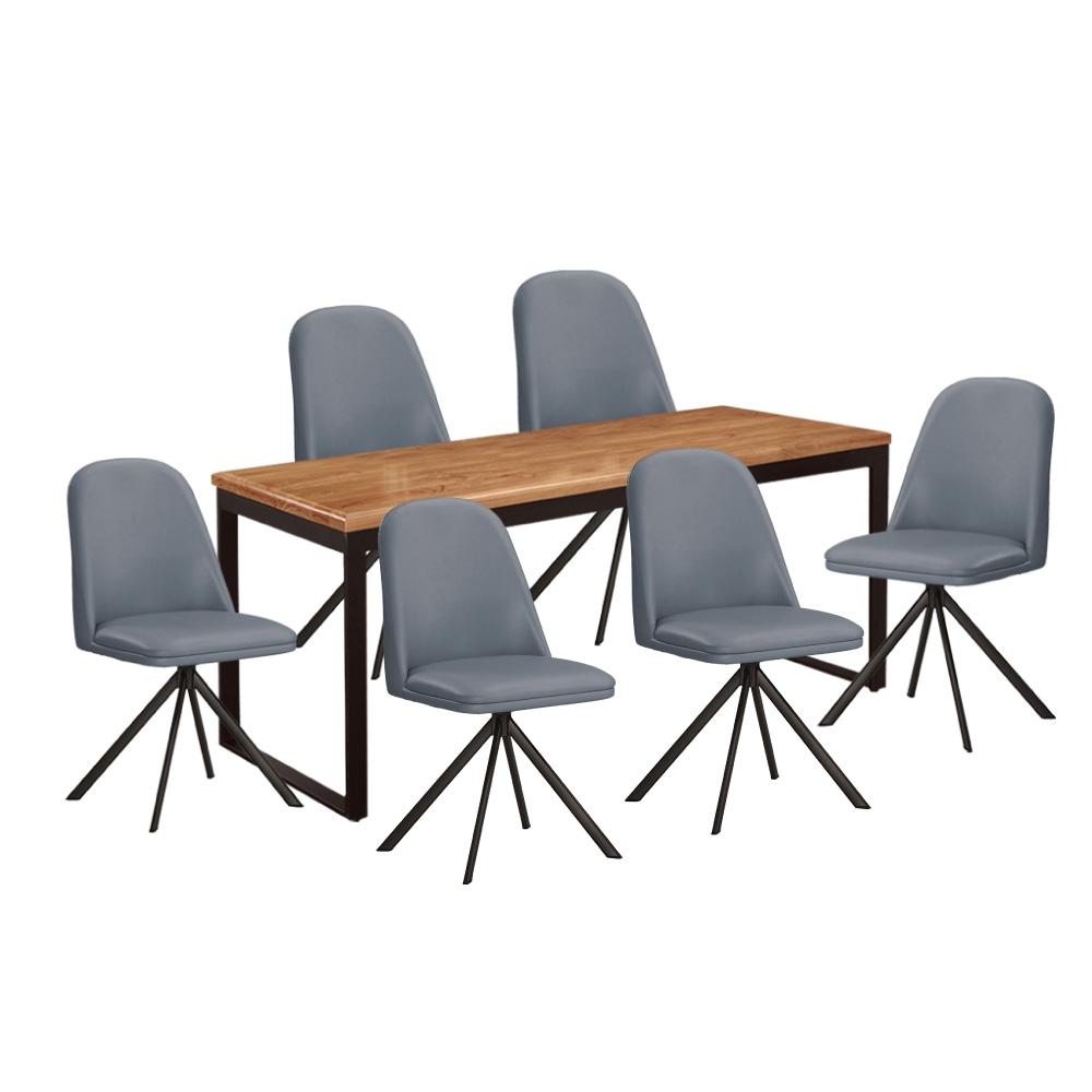 文創集 哈倫迪6尺實木餐桌皮革餐椅組合(一桌六椅組合＋餐椅二色可選)-180.5x70.5x76cm免組