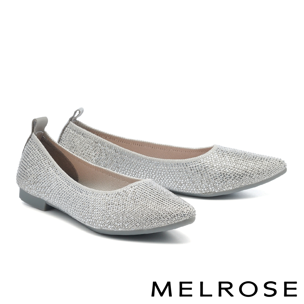 低跟鞋 MELROSE 美樂斯 華麗舒適雙色晶鑽飛織布尖頭低跟鞋－灰
