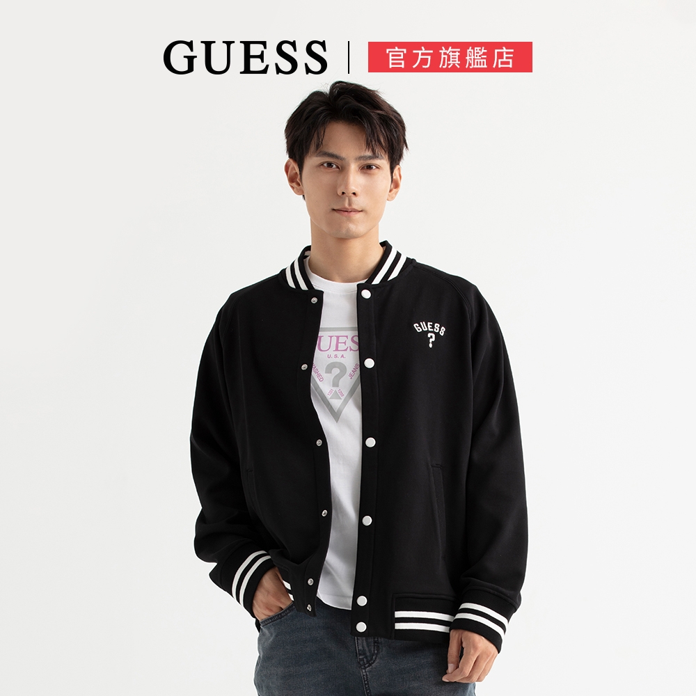 【GUESS】極簡經典問號棒球外套-黑