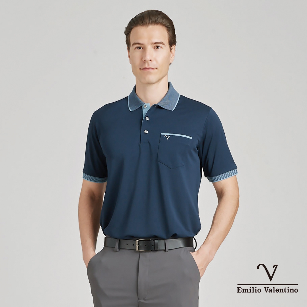 【Emilio Valentino范倫鐵諾】男裝吸排涼感機能短袖POLO衫-藍(66-4V8130)