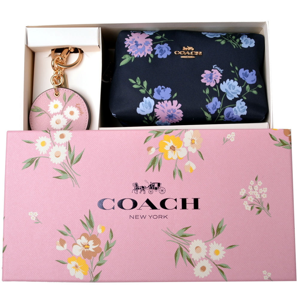 COACH金屬LOGO花兒化妝包x小圓鏡禮盒-NAVY