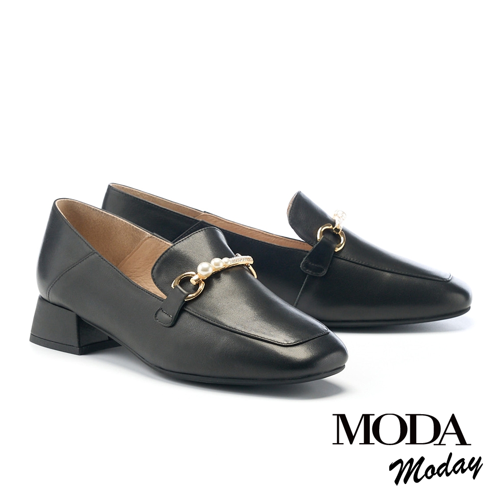 低跟鞋 MODA MODAY  韓系珍珠全真皮方圓頭樂福低跟鞋－黑