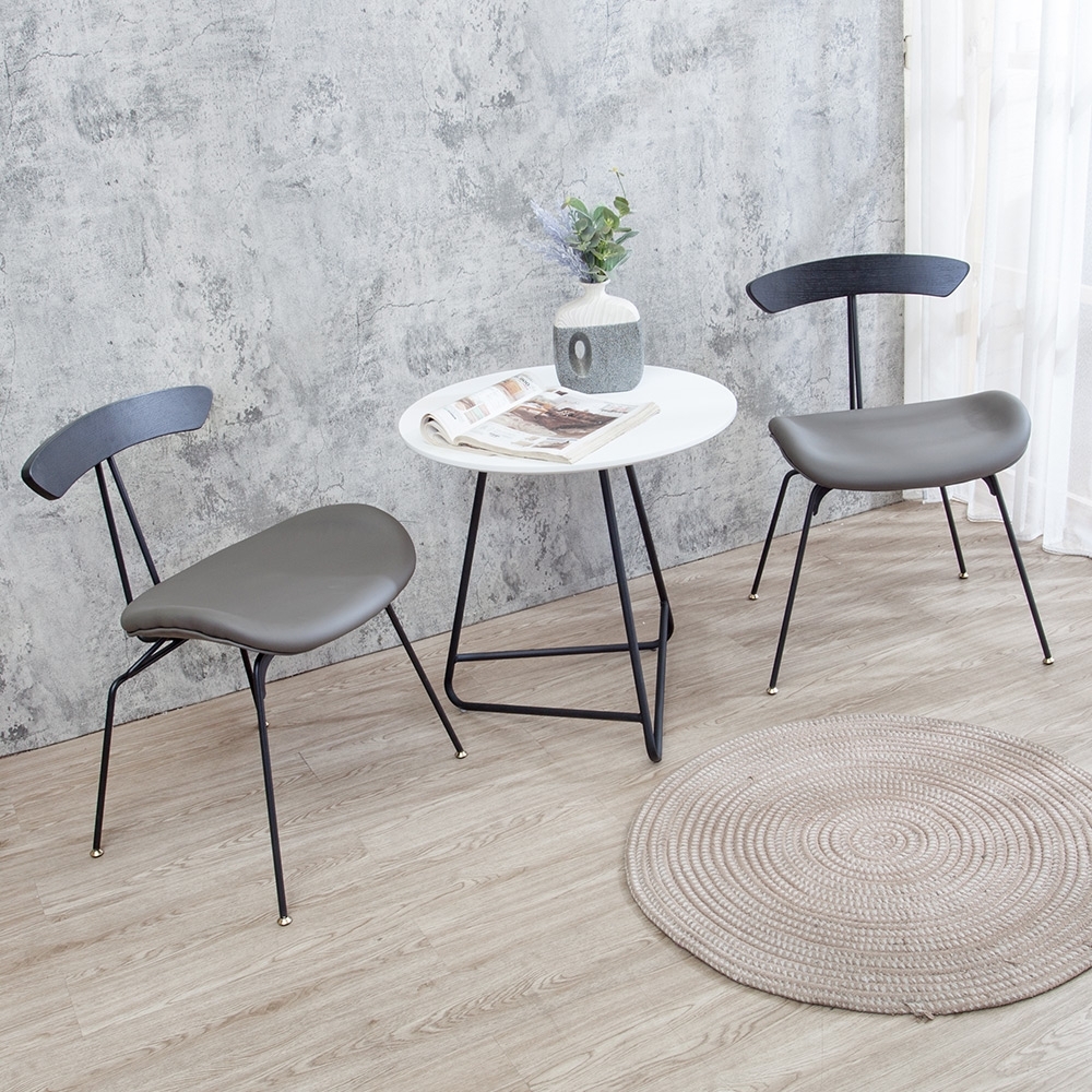 Boden-奧瑪2尺工業風白色圓型小茶几+皮革造型餐椅組合/休閒洽談桌椅(兩色可選)(一桌二椅)-60x60x61cm