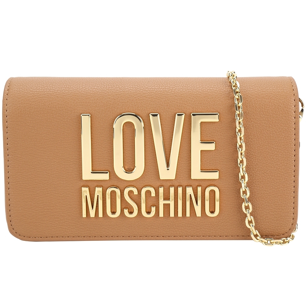 LOVE MOSCHINO 金字母荔紋皮翻蓋式可拆鍊帶斜背/手拿包(棕色)