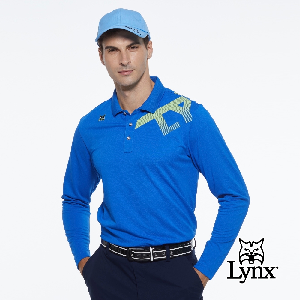 【Lynx Golf】男款吸濕排汗Lynx字樣山貓繡花長袖POLO衫-寶藍色