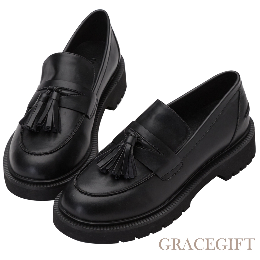 【Grace Gift】 質感流蘇圓頭樂福鞋 黑