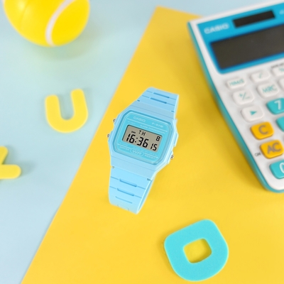 CASIO 卡西歐 方形造型 百搭繽紛 計時碼錶 LED照明 鬧鈴 電子數位 橡膠手錶-淡藍色/33mm
