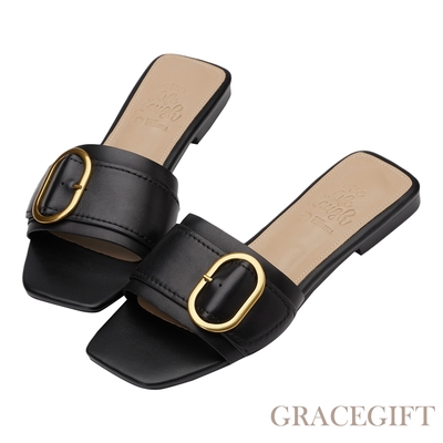 【Grace gift】薛妞妞聯名-法式慵懶金屬環真皮平底拖鞋 黑