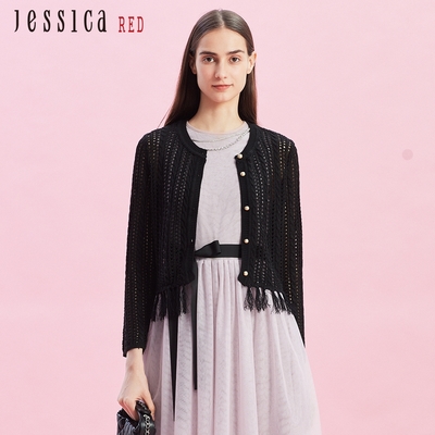JESSICA RED - 輕薄鏤空針織流蘇邊針織短外套R43401（黑）