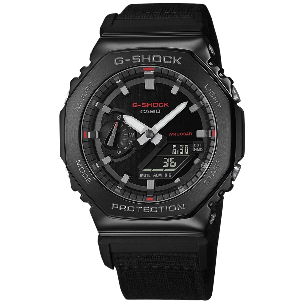 G-SHOCK CASIO 卡西歐 / 軍事風格 八角金屬 雙顯 防水 帆布手錶-黑色/45mm