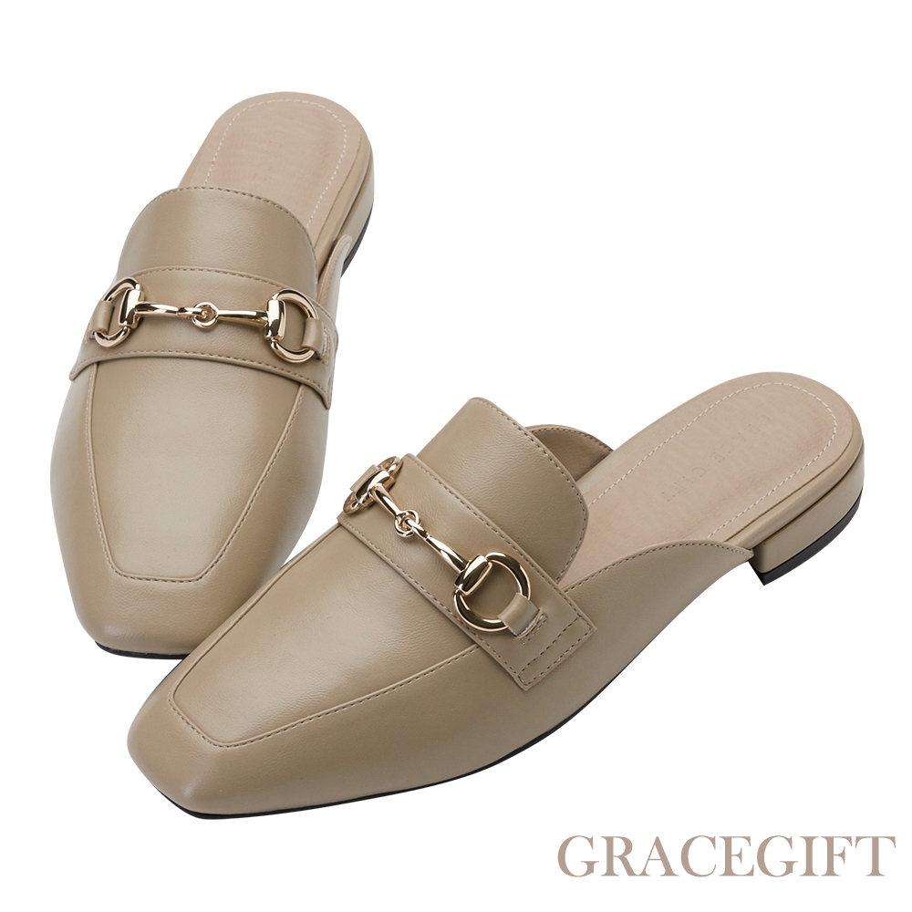 【Grace Gift】質感馬銜扣方頭穆勒鞋 卡其