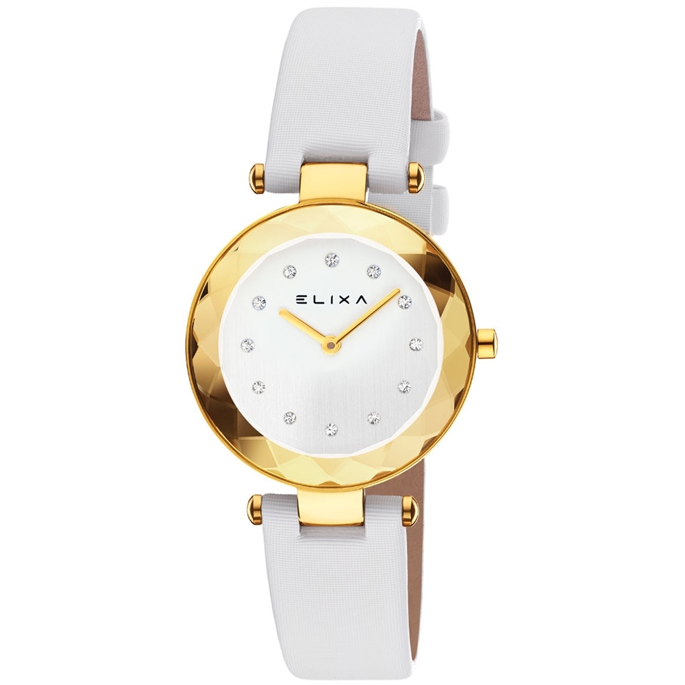 ELIXA Beauty菱紋晶鑽簡約刻度系列 白錶面白色緞面皮革錶帶手錶28mm