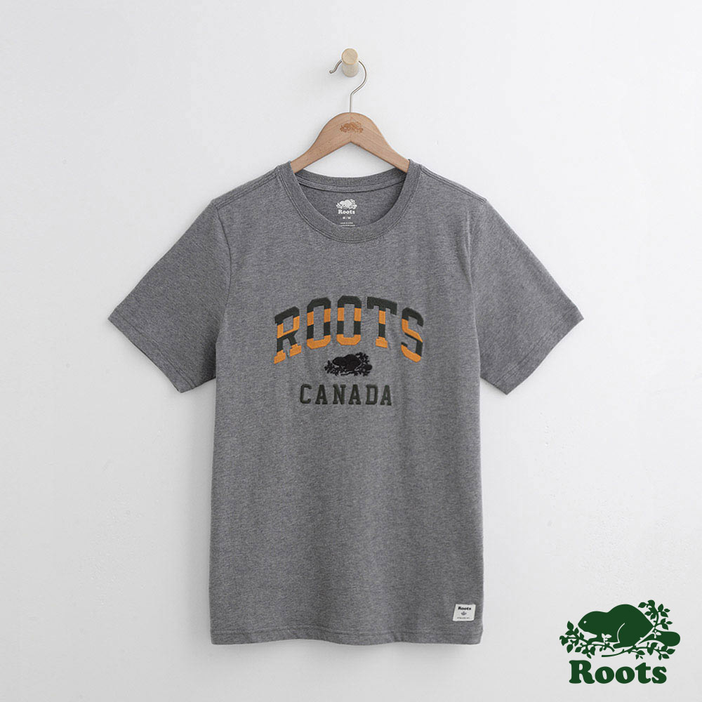 Roots 男裝-條紋字標短袖T恤-灰色