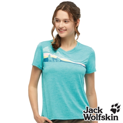 【Jack wolfskin 飛狼】女 V領印花短袖排汗衣 狼家族概念T恤『翠湖藍』
