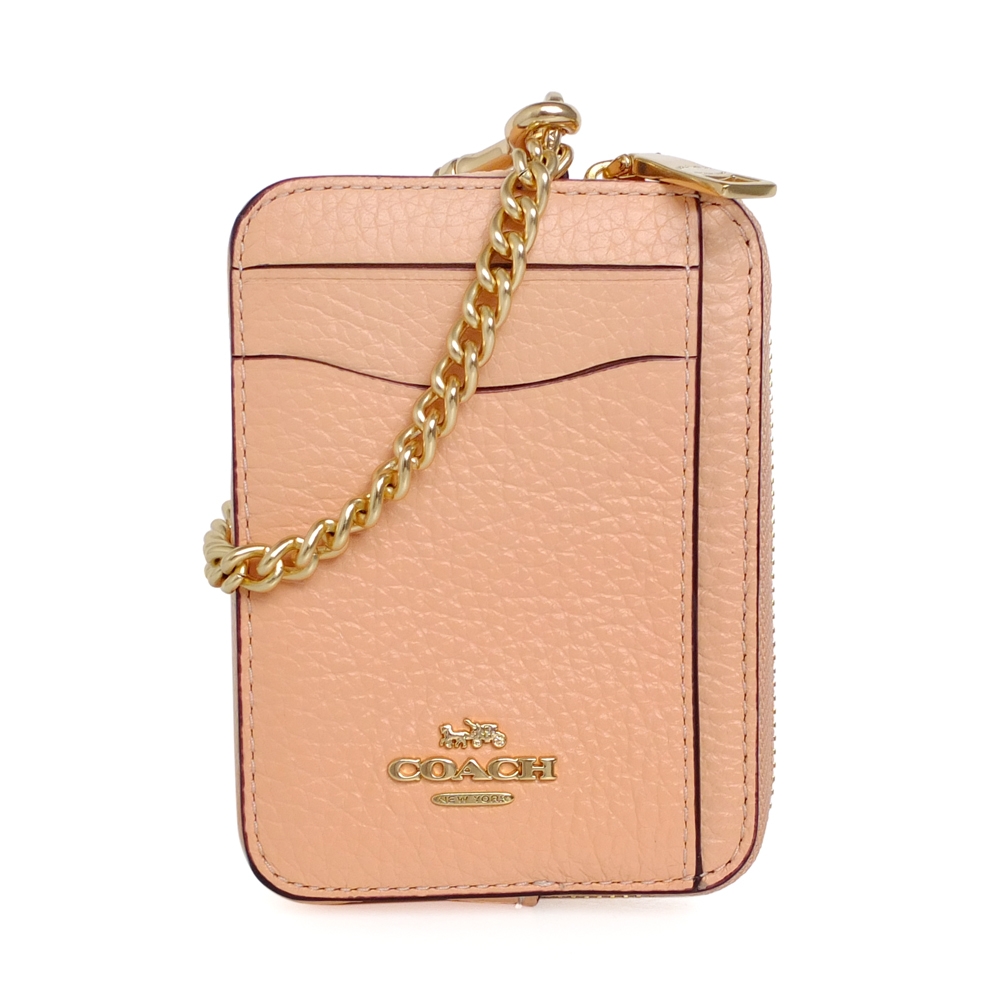 COACH暖粉色荔枝紋全皮方型卡夾鍊帶零錢包