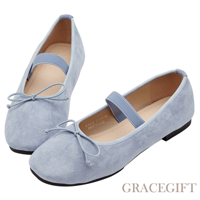 【Grace Gift】浪漫圓頭蝴蝶結平底芭蕾舞娃娃鞋 藍