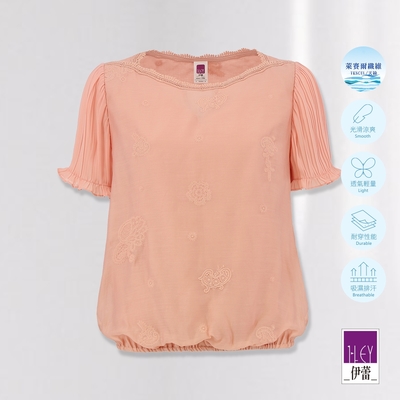 ILEY伊蕾 典雅蕾絲刺繡拼接壓褶袖上衣(淺粉色；M-XL)1232241004