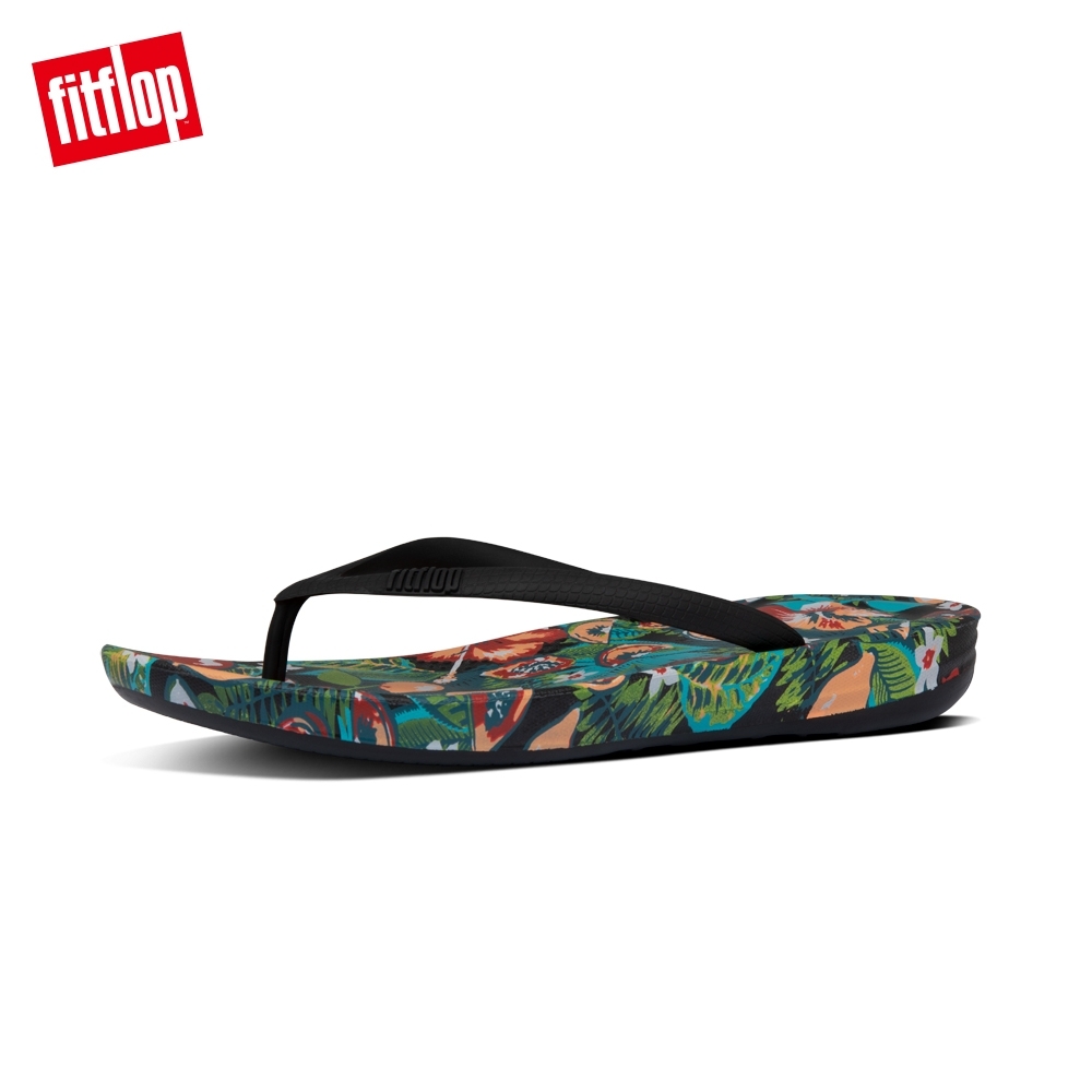 FitFlop IQUSHION FLORAL-PRINT FLIP-FLOPS 印花輕量人體工學戲水夾腳涼鞋-女(黑色印花)