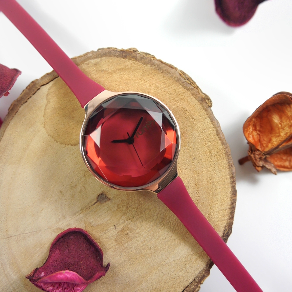 rumba time 紐約品牌 小巧細緻 切割玻璃鏡面 矽膠手錶-酒紅x玫瑰金框/30mm