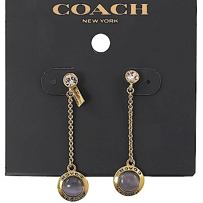 COACH 水鑽烙印LOGO粉紫珠珠墜飾耳環