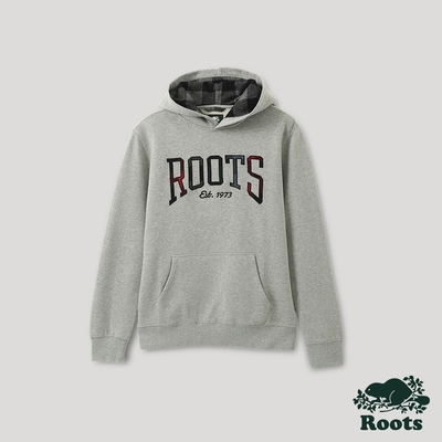 Roots 男裝- 格紋風潮系列 文字LOGO刷毛布連帽上衣-灰色
