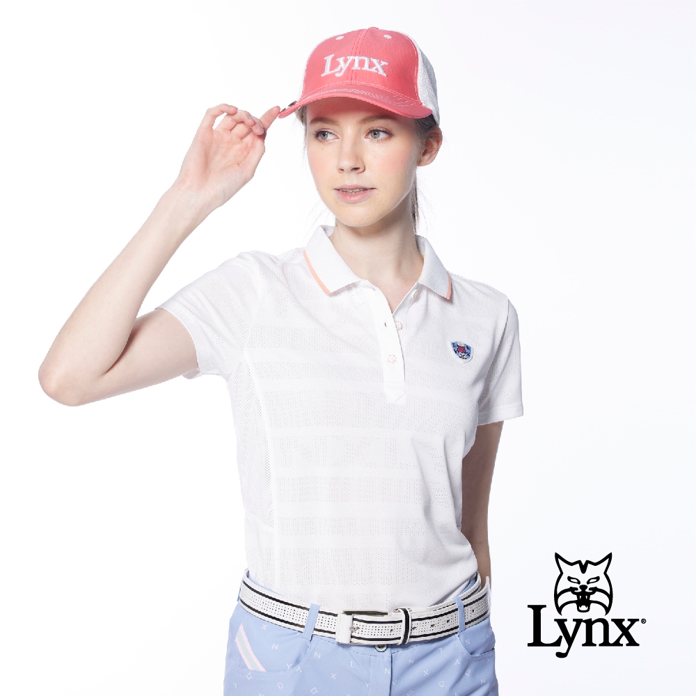 【Lynx Golf】女款吸汗速乾合身版MESH緹花設計短袖POLO衫/高爾夫球衫-白色