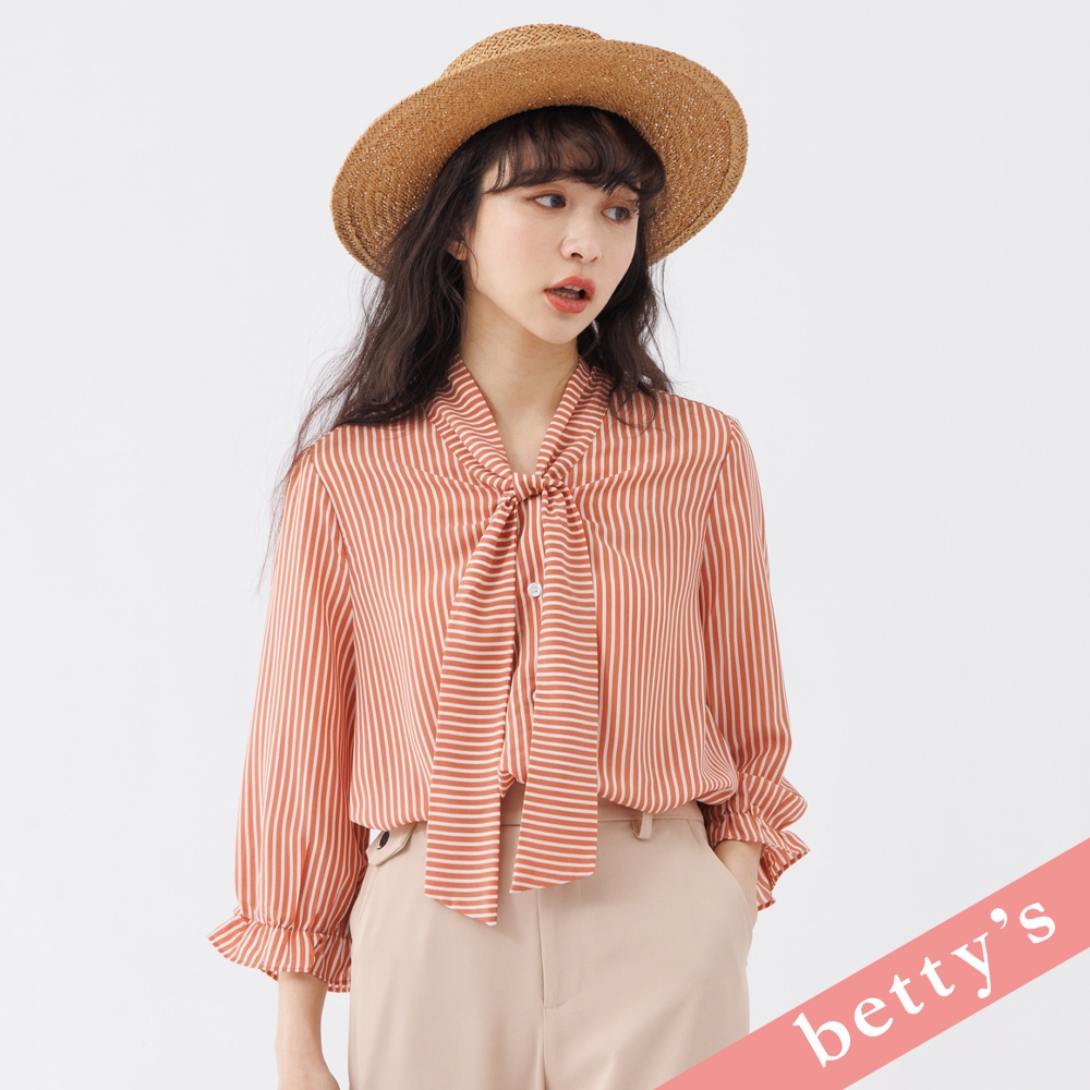 betty’s貝蒂思　領綁帶條紋雪紡襯衫(橘色)