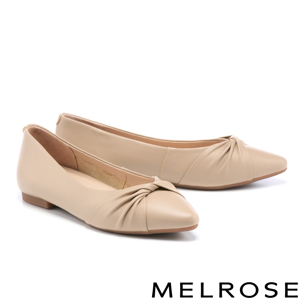 平底鞋 MELROSE 簡約品味抓皺扭結全真皮尖頭平底鞋－米