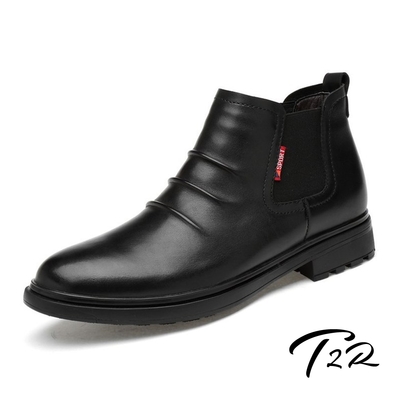 T2R-正韓空運-AIR-內增高時尚簡約真皮皺褶素色男鞋馬丁皮鞋-增高約7公分-黑