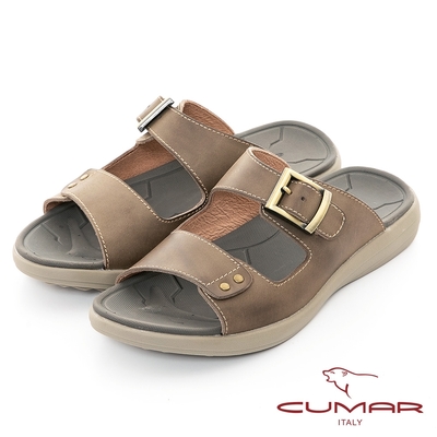 【CUMAR】舒適真皮經典造型拖鞋-卡其