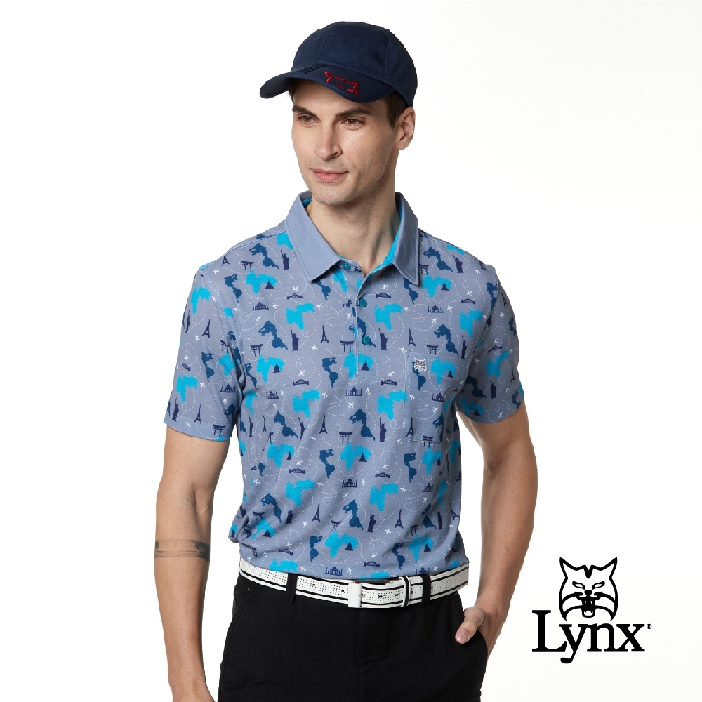 【Lynx Golf】男款蛀蟲紗世界景觀滿版印花胸袋款短袖POLO衫-灰色