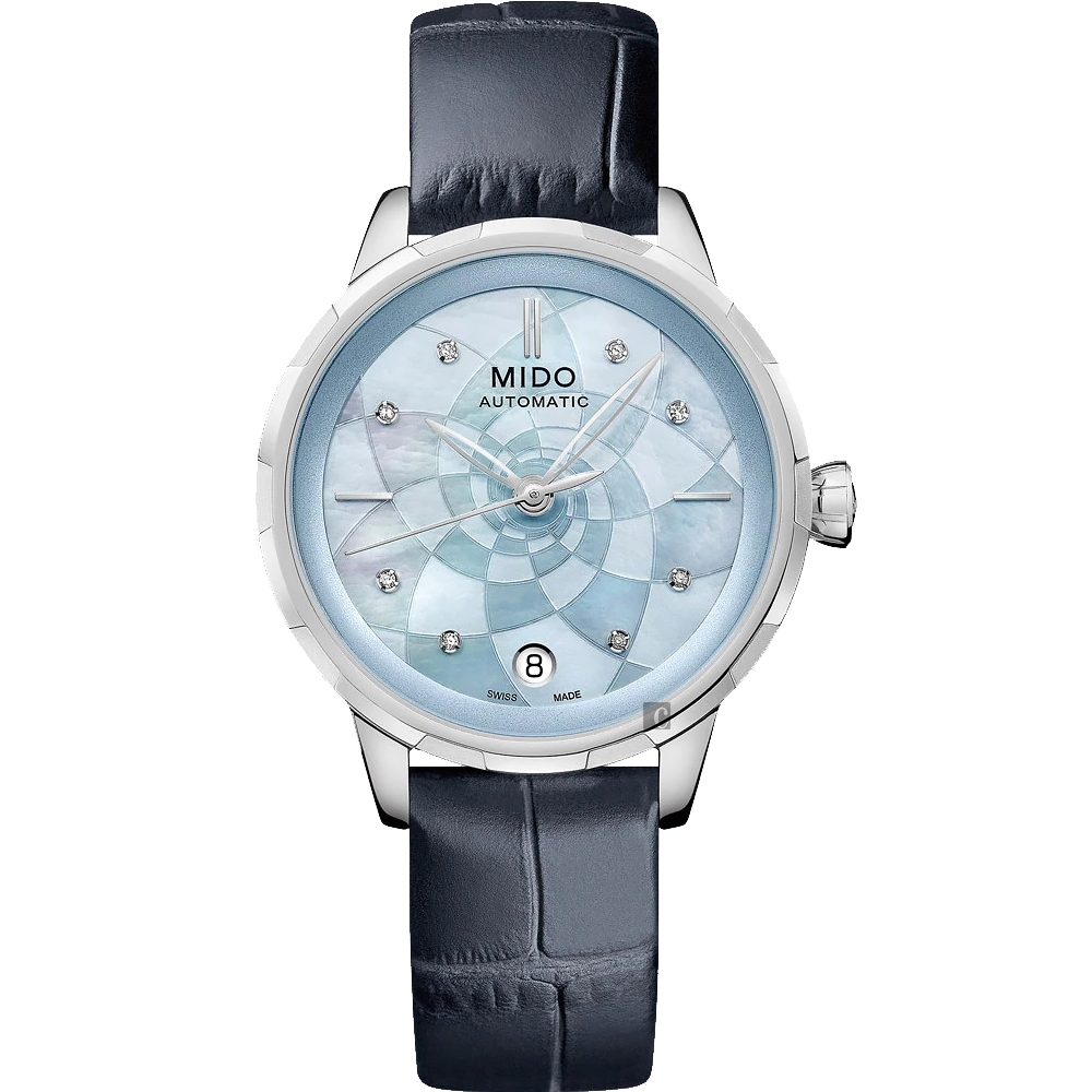 MIDO 美度 官方授權 Rainflower 花雨系列真鑽機械女錶-珍珠貝x藍/34mm M0432071613100