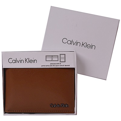 Calvin Klein CK銀字LOGO經典防刮皮革多卡雙摺短夾-咖啡