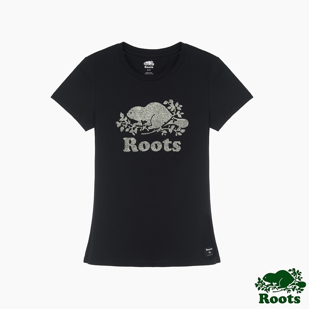 Roots女裝-椒鹽灰海狸修身短袖T恤-黑色