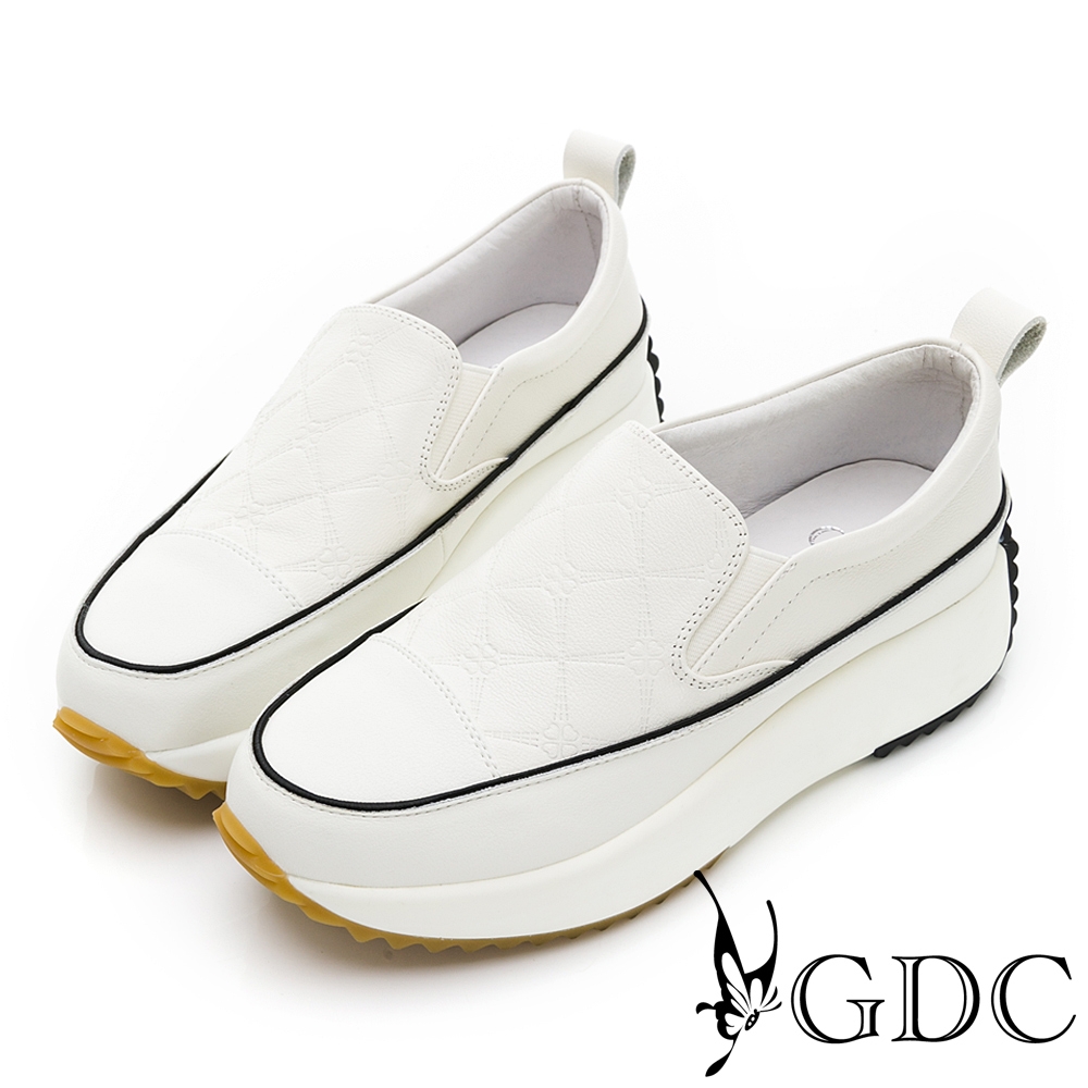 GDC-真皮幾何格紋撞色舒適厚底休閒懶人鞋-米色